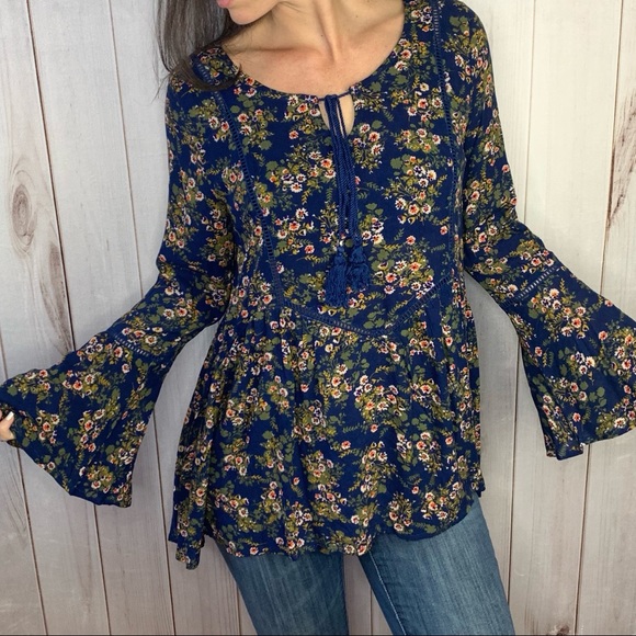 The Giovanna Blouse- navy floral bell peasant top - Picture 5 of 13